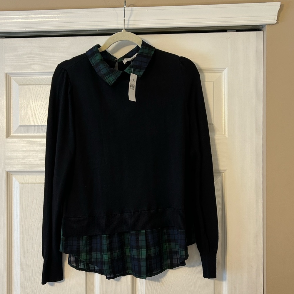 New With Tags LOFT Navy Sweater with Green Plaid Collar and hemline.